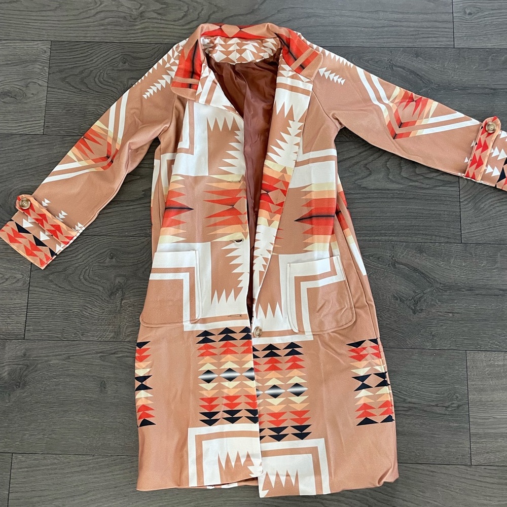 Boho Western Print Native Peacoat Camel Orange Jacket Oversized - Picture 9 of 9